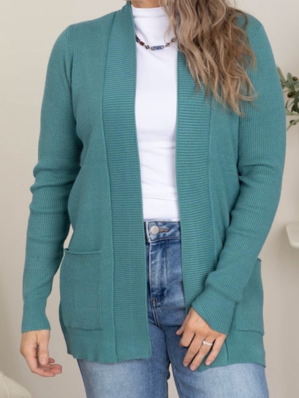 Womens Staccato Open Front Waffle Textured Sweater Cardigan, teal